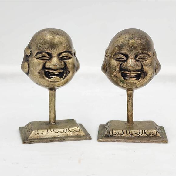 Laughing Buddha Pair Statue Figurines Brass Asian On Miniature Stand 3.5" - Picture 10 of 10